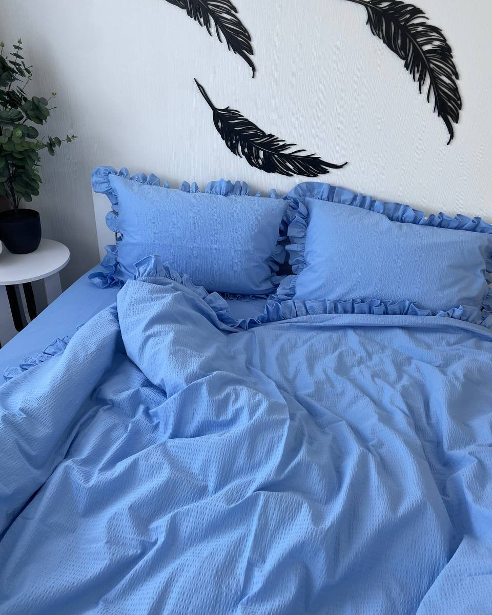 Seersucker Ruffle Cotton Bedding Set — Blue Serenity