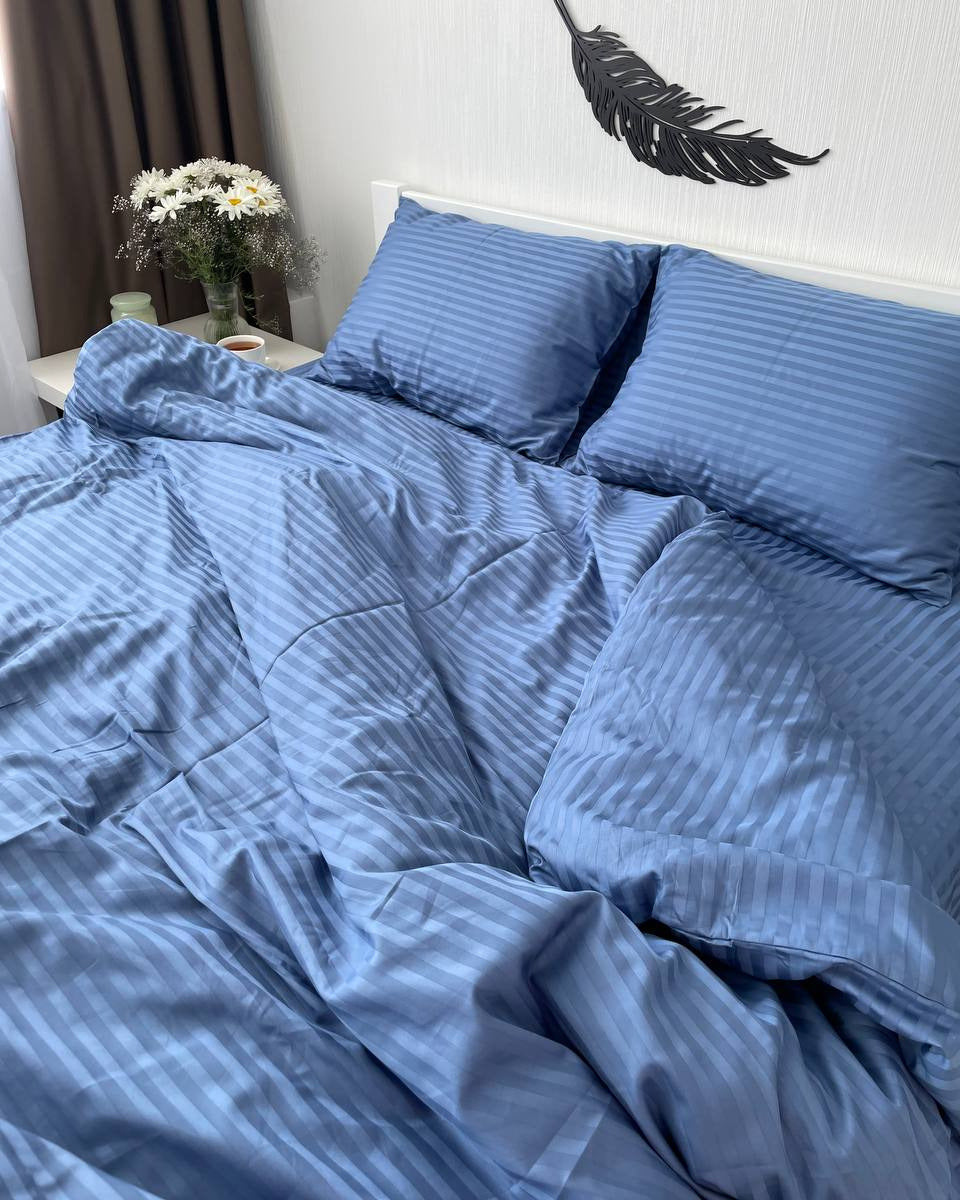 Striped Sateen Cotton Bedding Set — Blue Horizon
