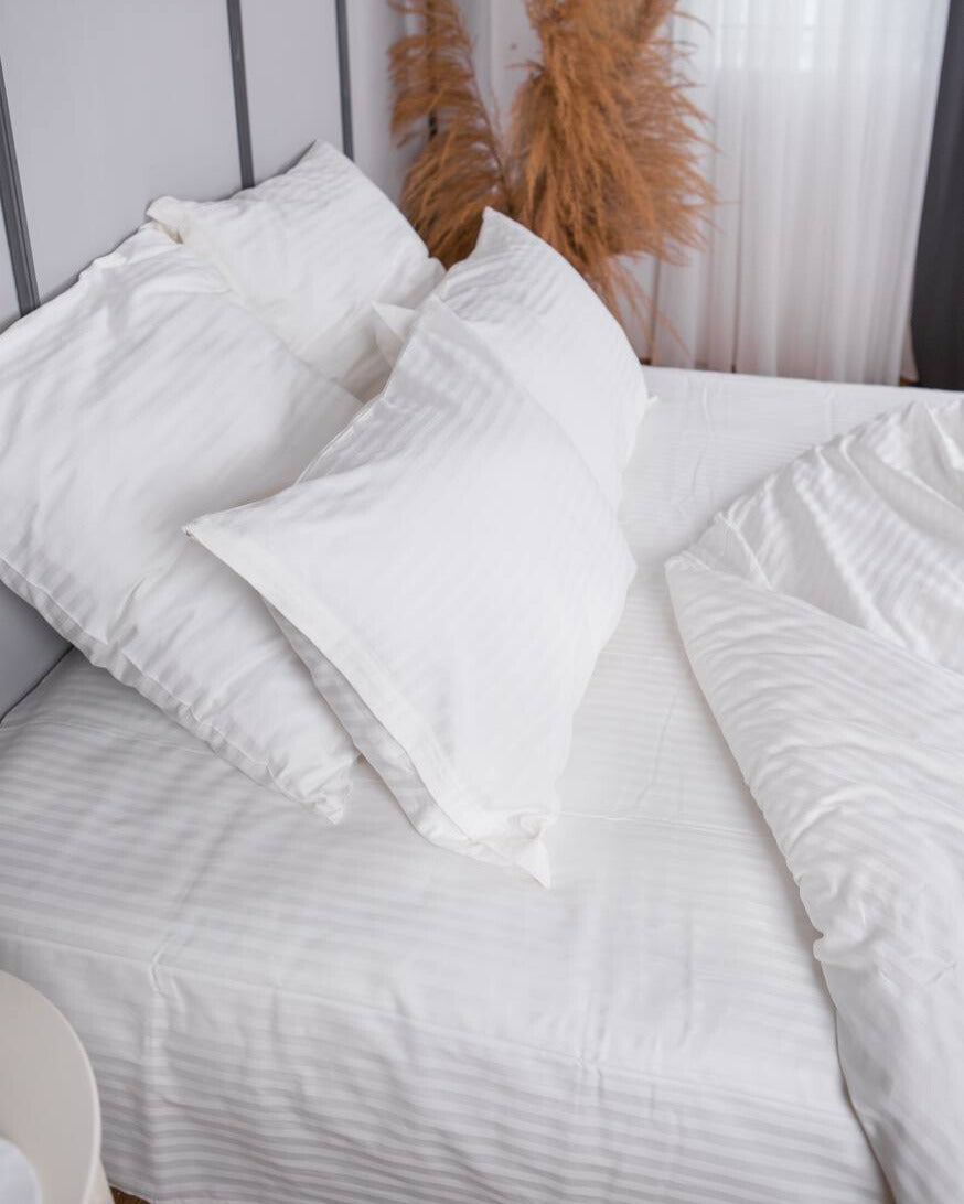 Premium Striped Sateen Cotton Bedding Set – Pure White