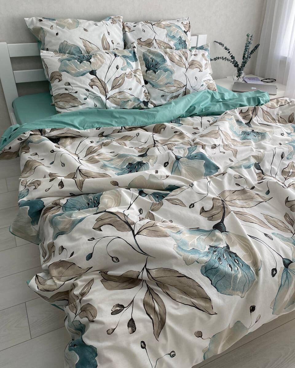 Premium Ranforce Cotton Bedding Set – Aqua & Beige Floral