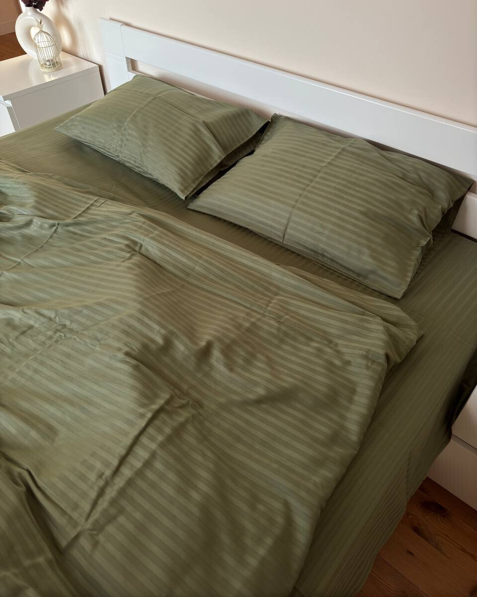 Striped Sateen Cotton Bedding Set – Olive Serenity