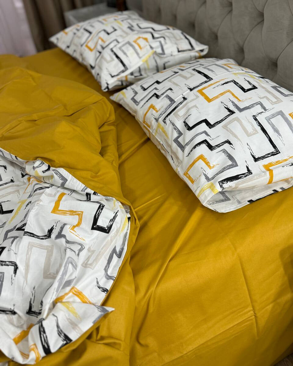 Premium Ranforce Cotton Bedding Set – Mustard Geometry