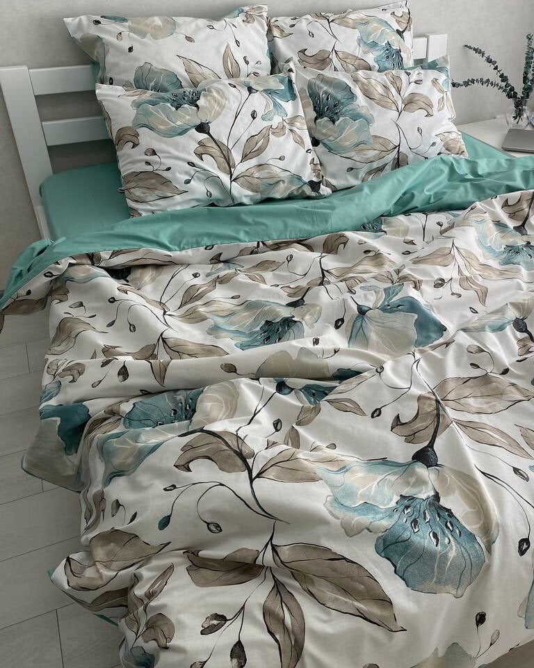 Premium Ranforce Cotton Bedding Set – Aqua & Beige Floral