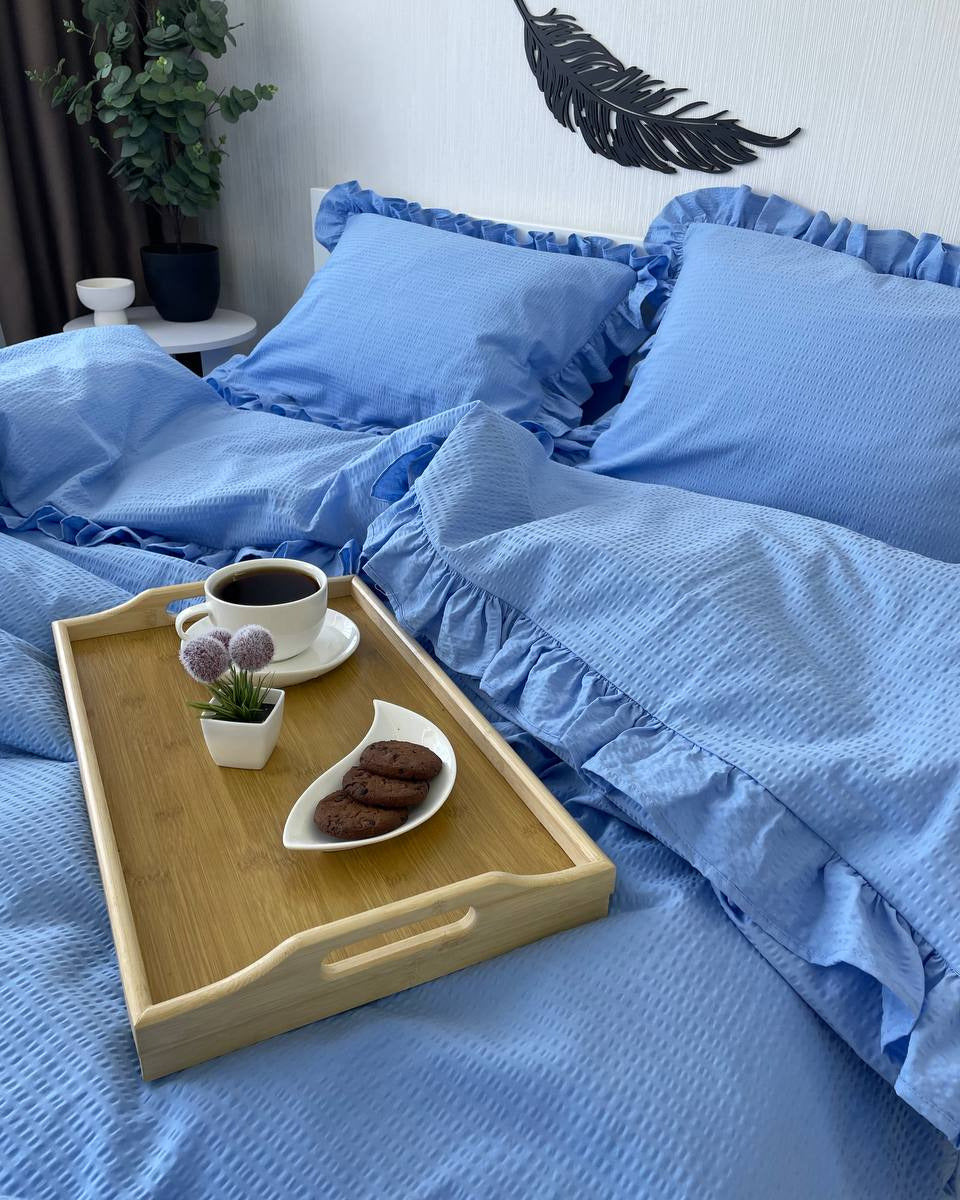 Seersucker Ruffle Cotton Bedding Set — Blue Serenity