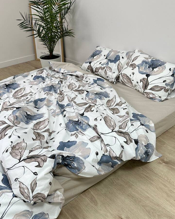 Premium Ranforce Cotton Bedding Set – Silver Blue Blossom