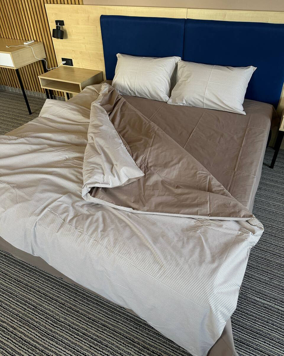 Premium Ranforce Cotton Bedding Set – Taupe Microstripe Elegance