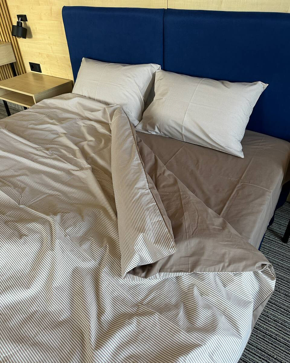 Premium Ranforce Cotton Bedding Set – Taupe Microstripe Elegance