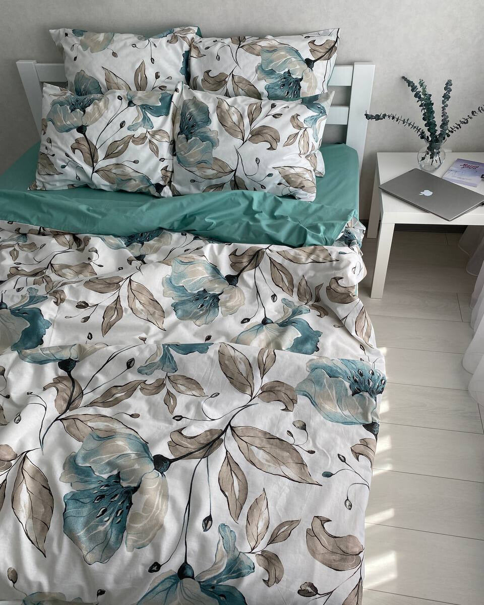 Premium Ranforce Cotton Bedding Set – Aqua & Beige Floral