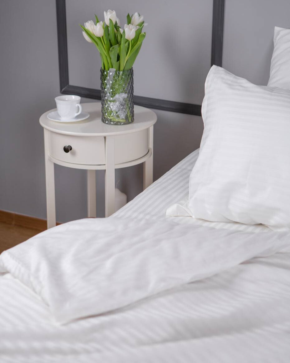 Premium Striped Sateen Cotton Bedding Set – Pure White