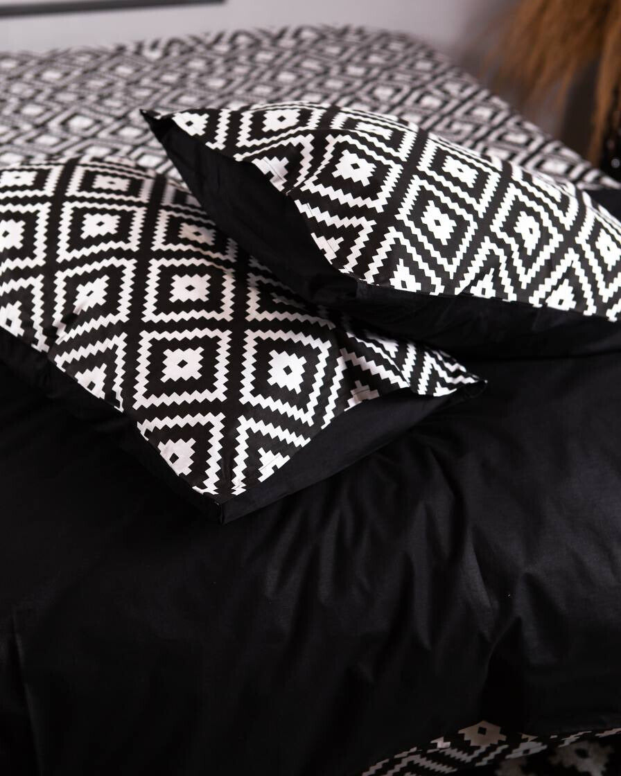 Premium Ranforce Cotton Bedding Set – Black Geo Contrast