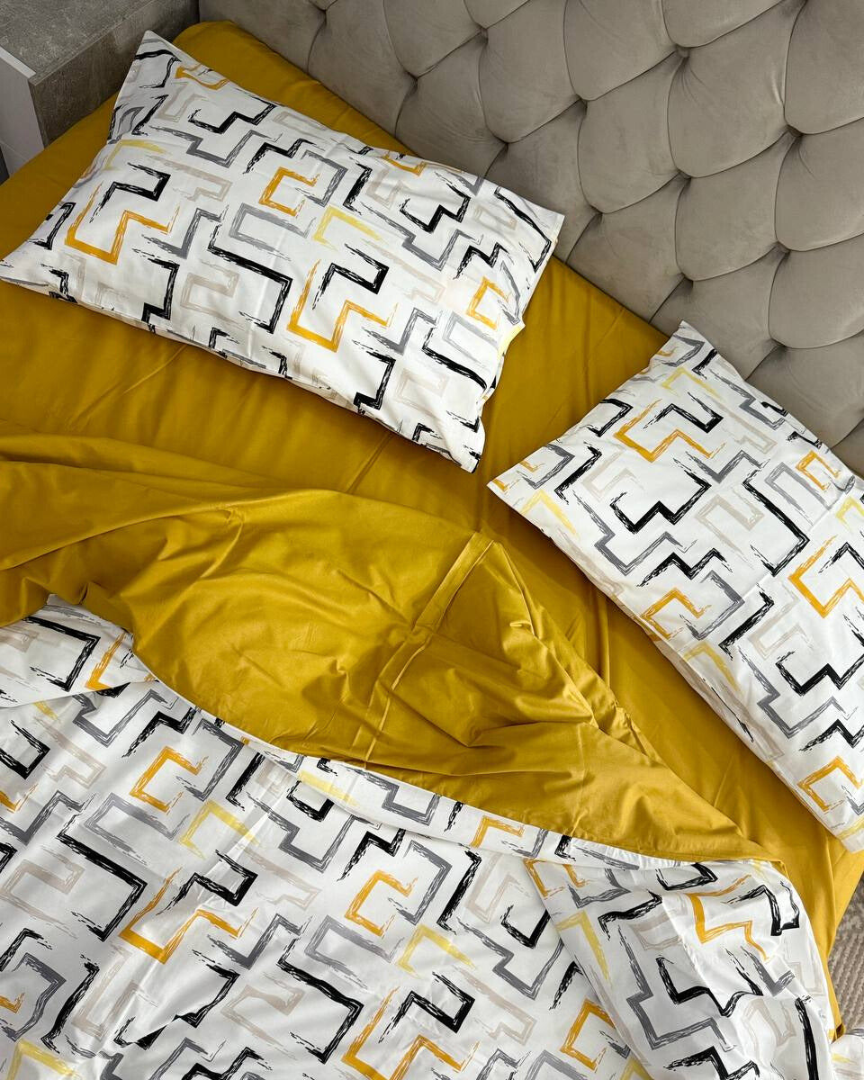 Premium Ranforce Cotton Bedding Set – Mustard Geometry