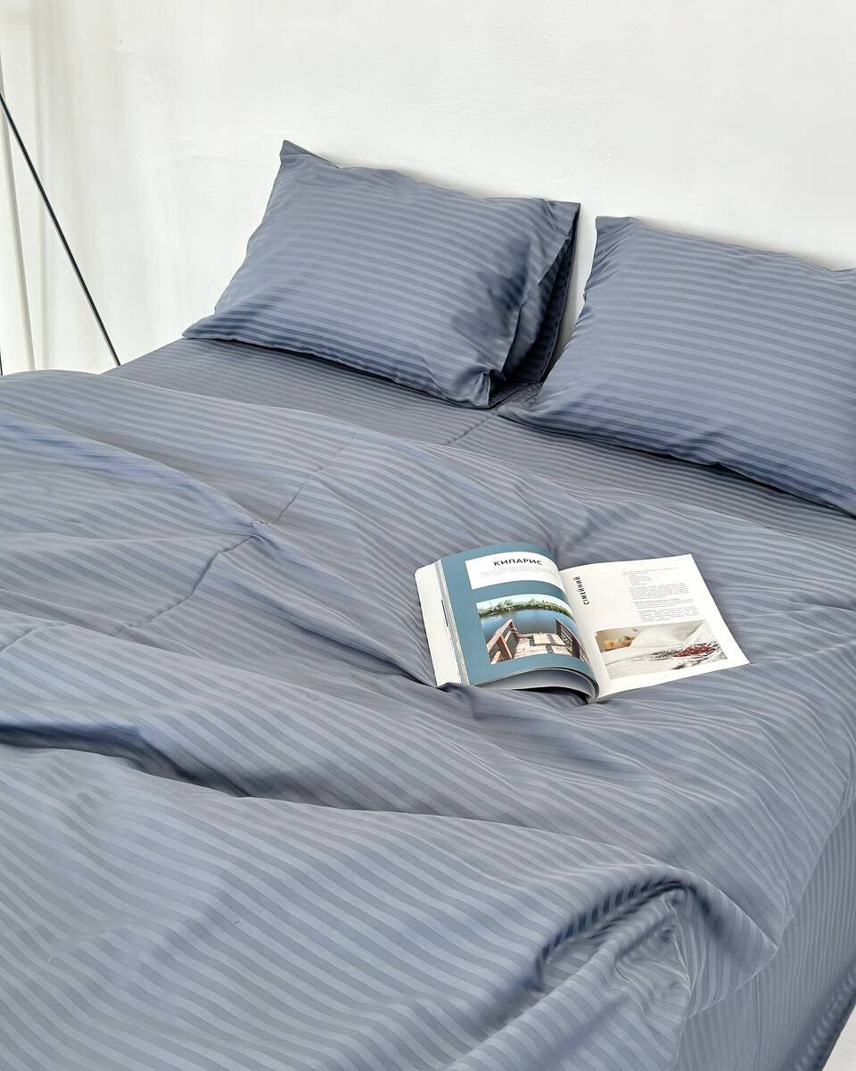 Premium Striped Sateen Cotton Bedding Set – Steel Mist
