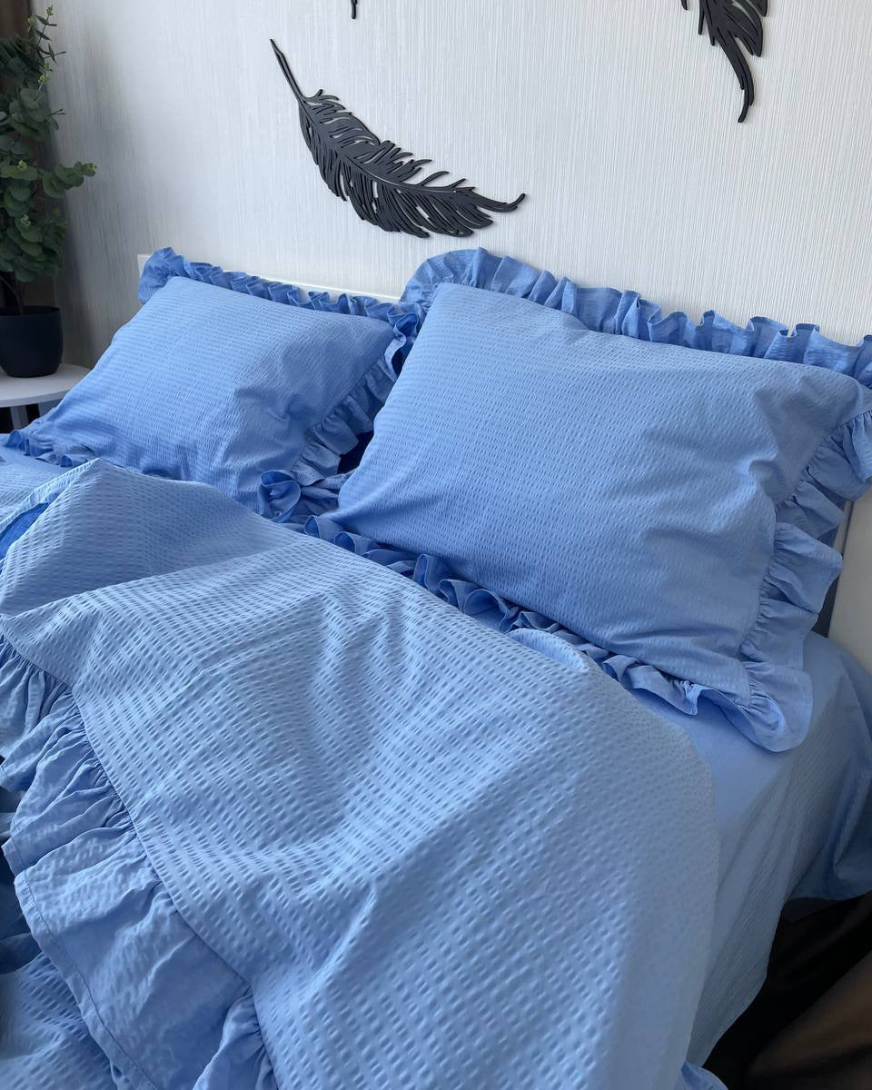 Seersucker Ruffle Cotton Bedding Set — Blue Serenity