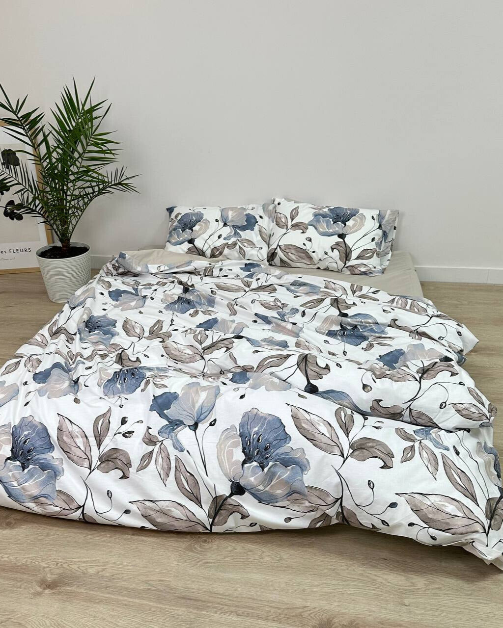 Premium Ranforce Cotton Bedding Set – Silver Blue Blossom
