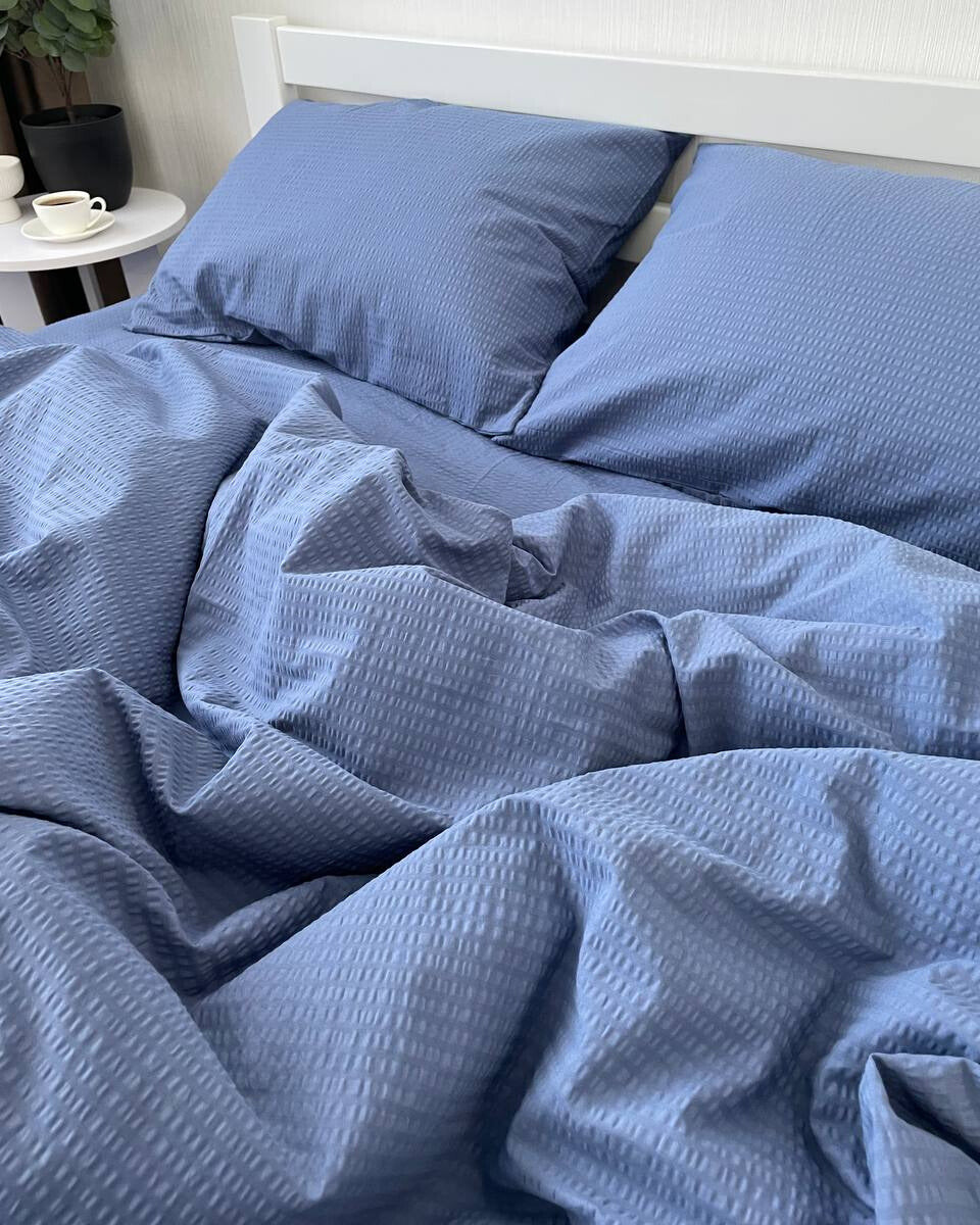 Premium Ranforce Seersucker Bedding Set – Deep Blue Mist