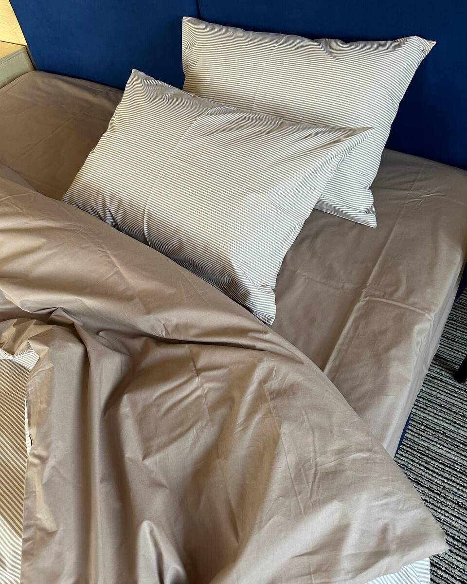 Premium Ranforce Cotton Bedding Set – Taupe Microstripe Elegance