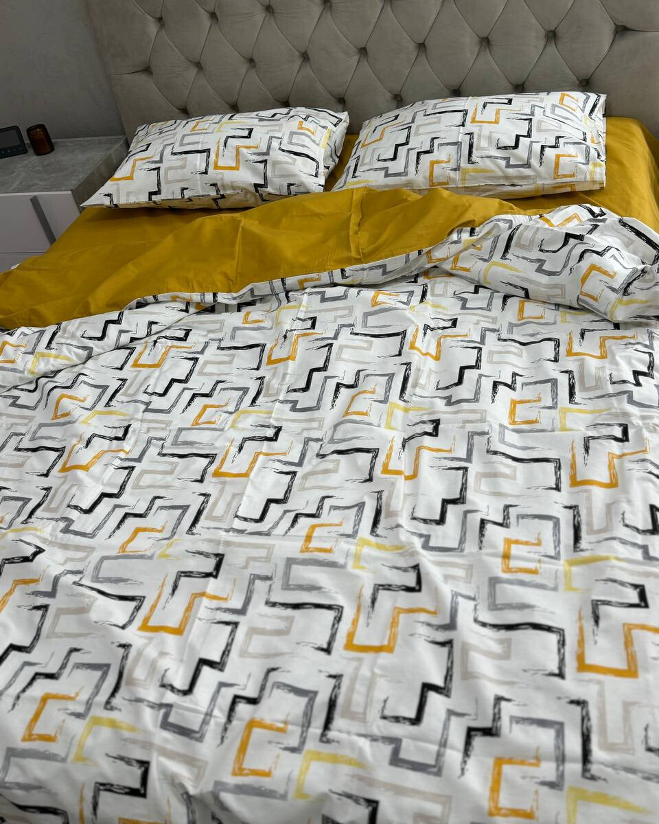 Premium Ranforce Cotton Bedding Set – Mustard Geometry