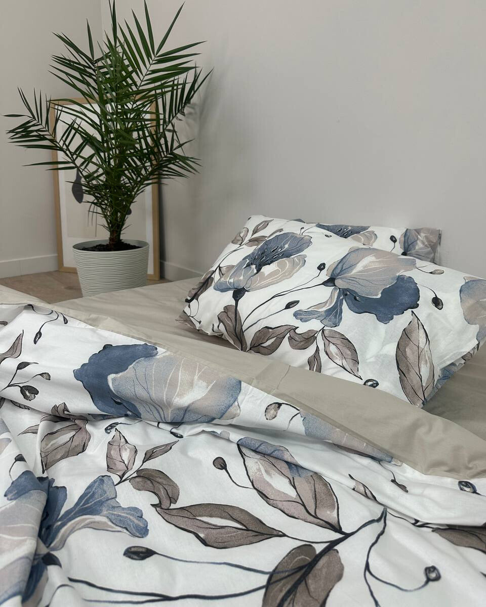 Premium Ranforce Cotton Bedding Set – Silver Blue Blossom