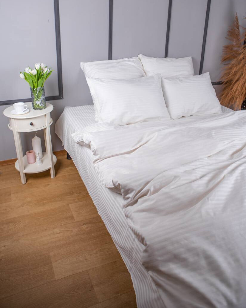 Premium Striped Sateen Cotton Bedding Set – Pure White