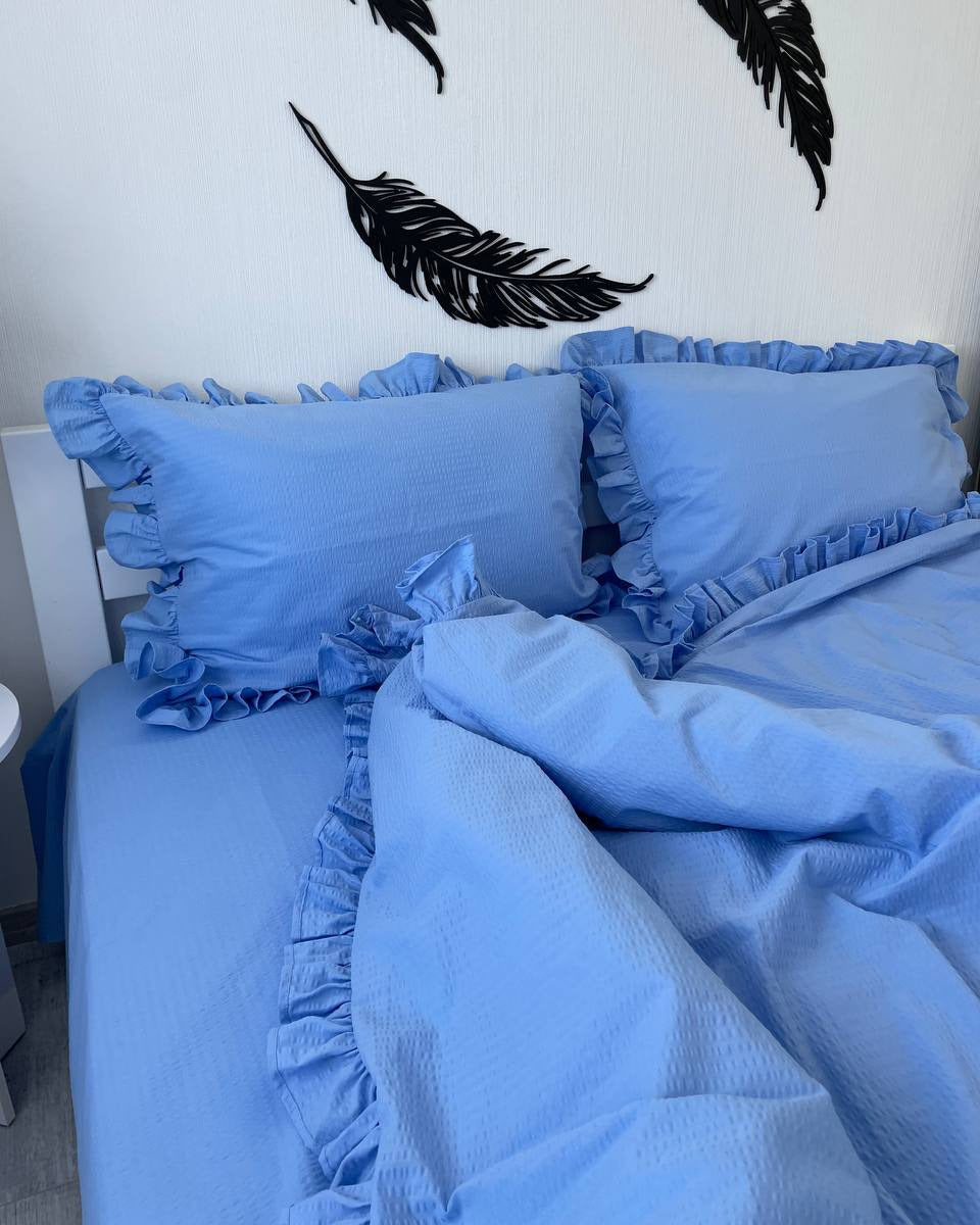 Seersucker Ruffle Cotton Bedding Set — Blue Serenity