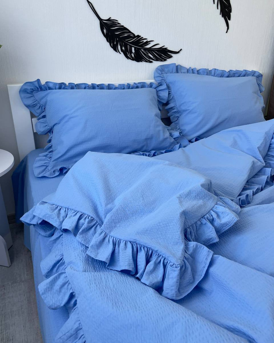 Seersucker Ruffle Cotton Bedding Set — Blue Serenity