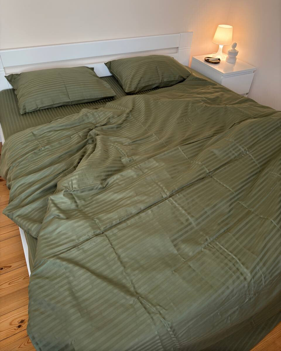 Striped Sateen Cotton Bedding Set – Olive Serenity