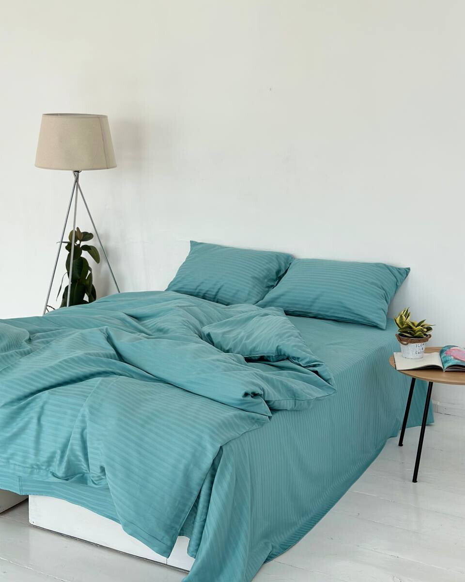 Premium Striped Sateen Cotton Bedding Set – Ocean Teal