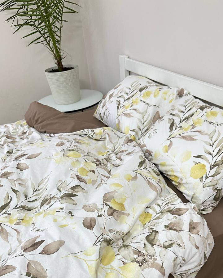 Premium Ranforce Cotton Bedding Set – Yellow & Taupe Botanical