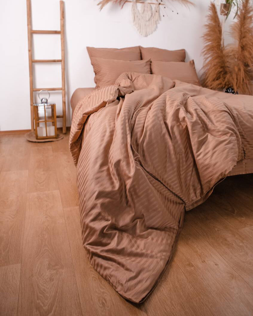 Premium Striped Sateen Cotton Bedding Set – Warm Mocha