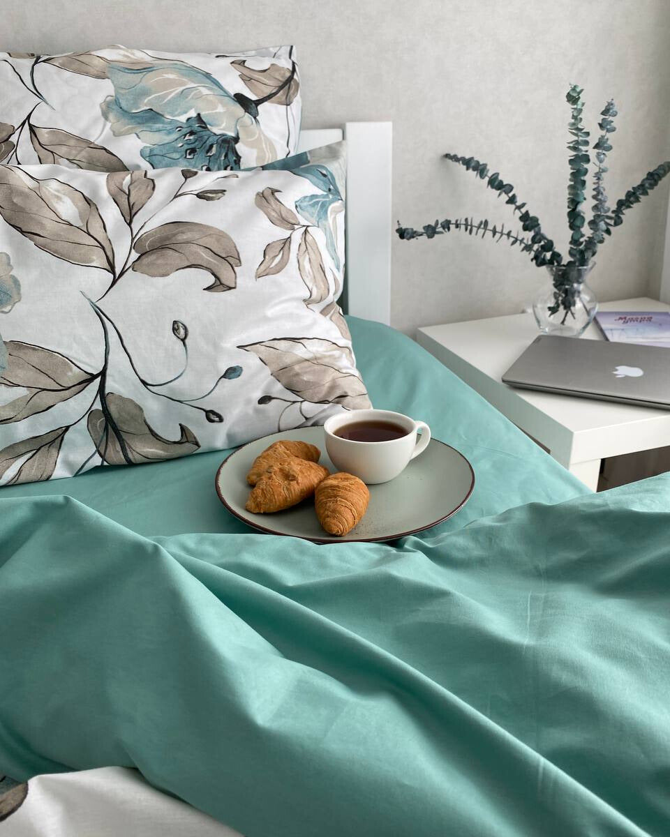 Premium Ranforce Cotton Bedding Set – Aqua & Beige Floral