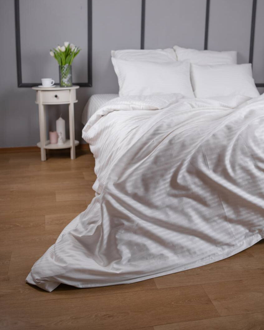 Premium Striped Sateen Cotton Bedding Set – Pure White