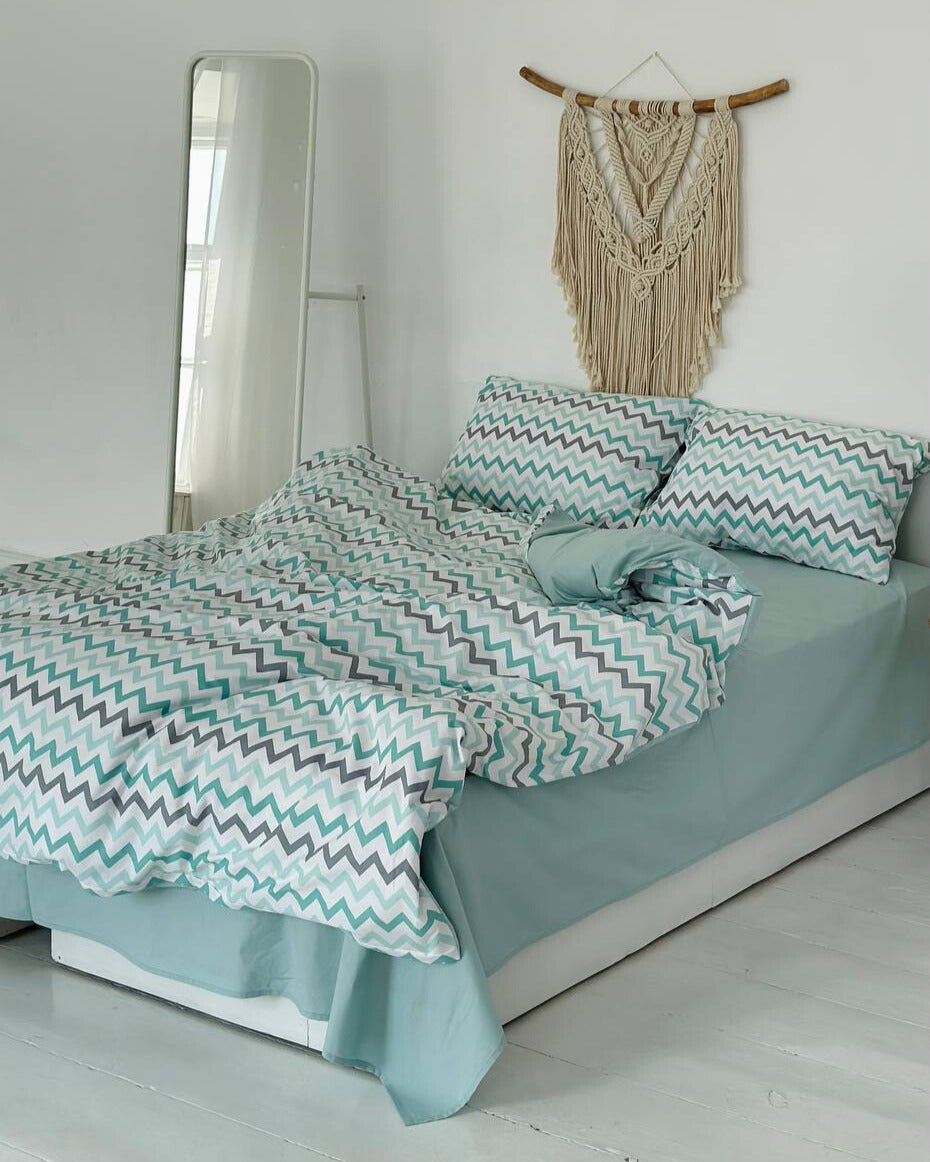 Premium Ranforce Cotton Bedding Set – Mint Waves