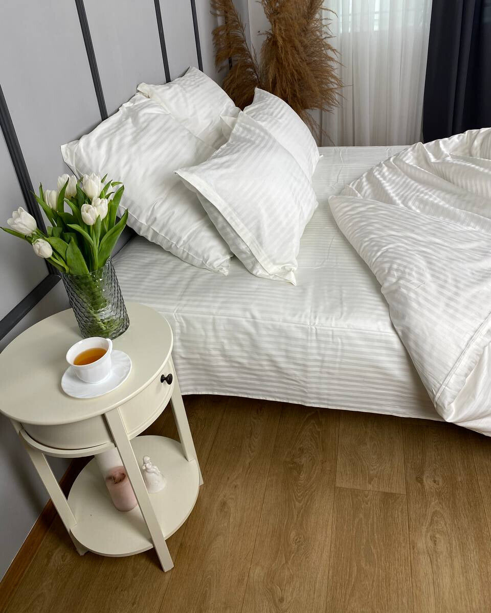 Premium Striped Sateen Cotton Bedding Set – Ivory