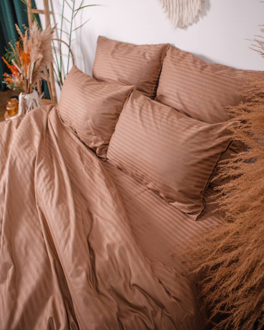 Premium Striped Sateen Cotton Bedding Set – Warm Mocha