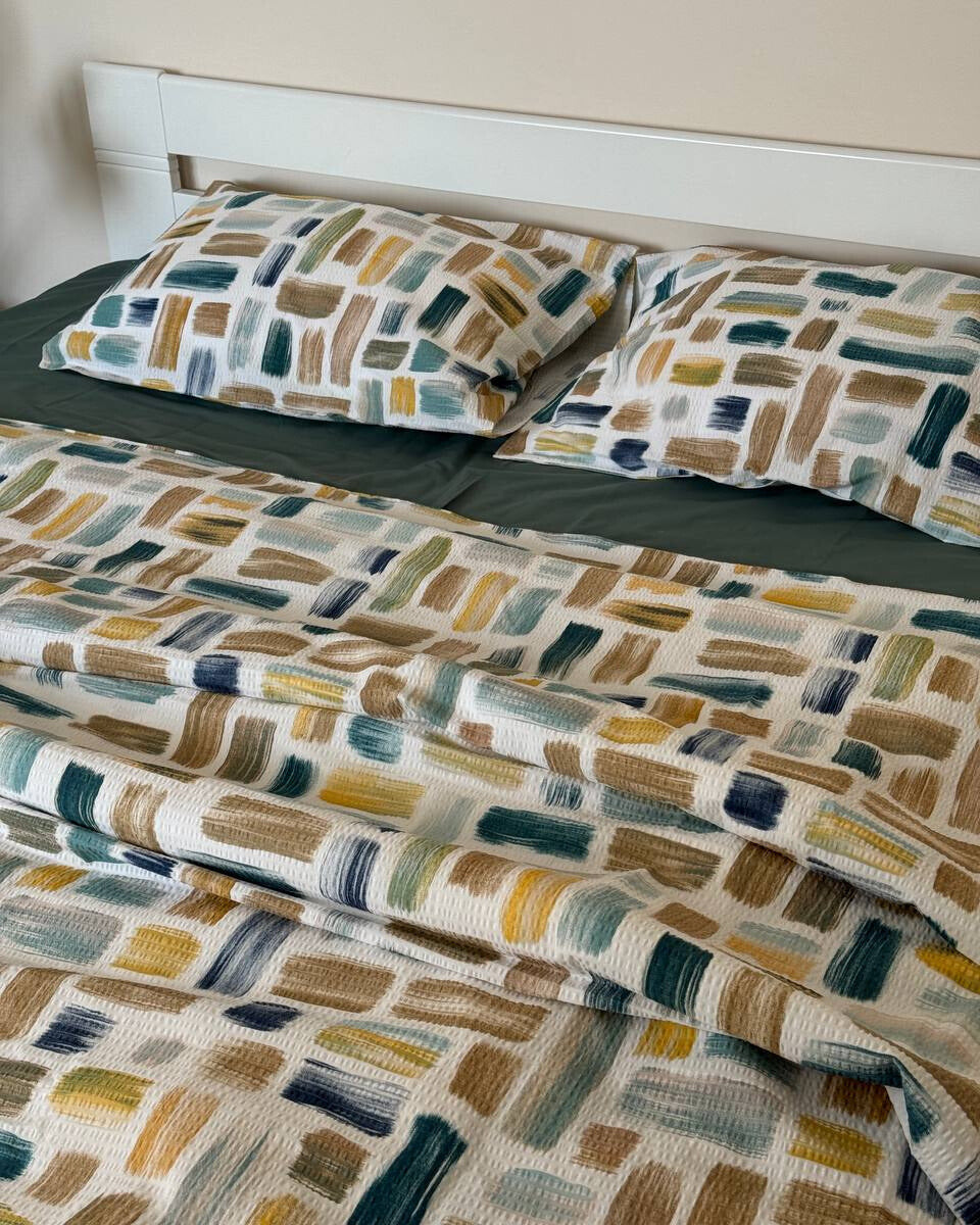 Premium Ranforce Seersucker Bedding Set – Green Brushstroke