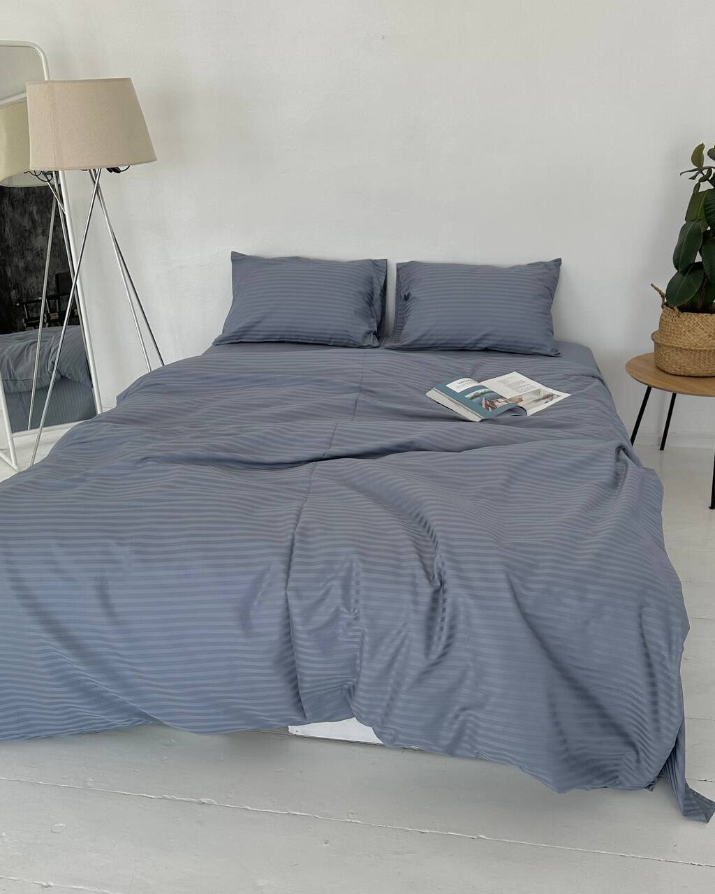 Premium Striped Sateen Cotton Bedding Set – Steel Mist
