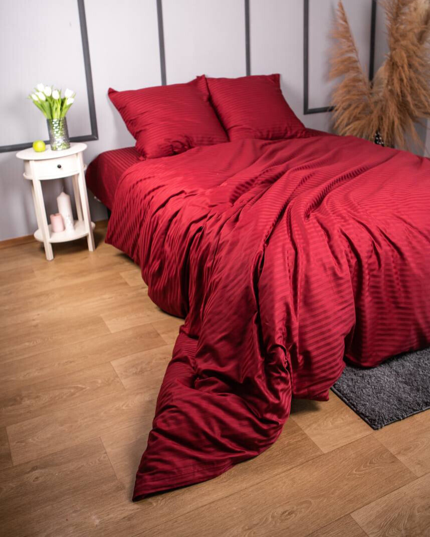 Premium Striped Sateen Cotton Bedding Set – Burgundy Red