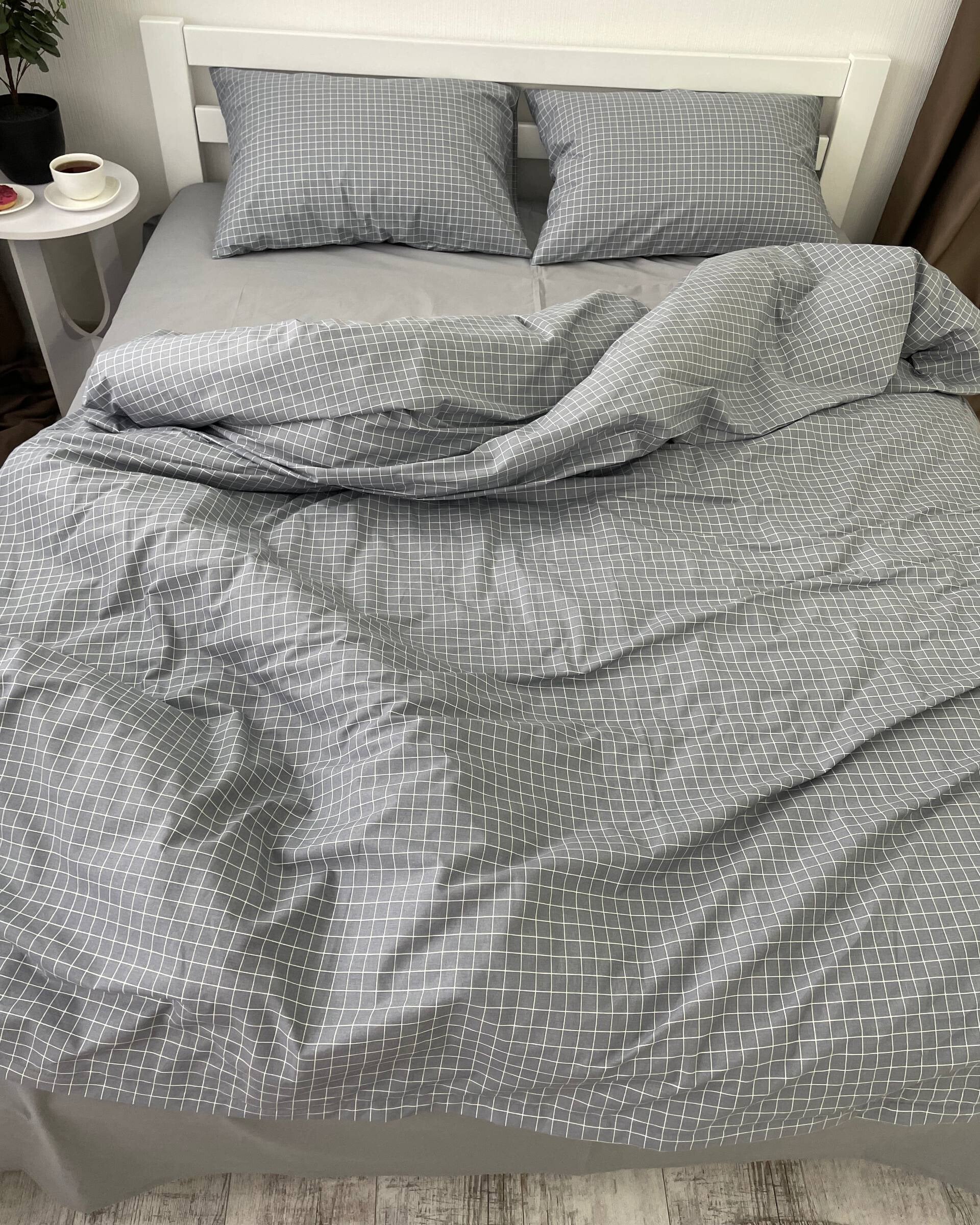 Premium Ranforce Cotton Bedding Set – Grey Grid Classic