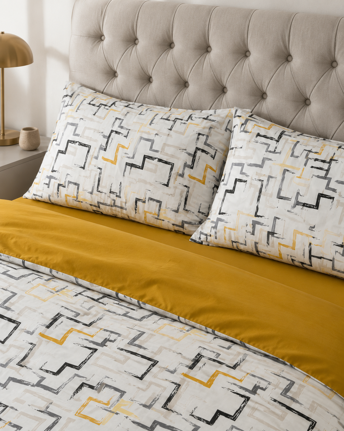 Ranforce Cotton Bedding Set – Mustard Geometry