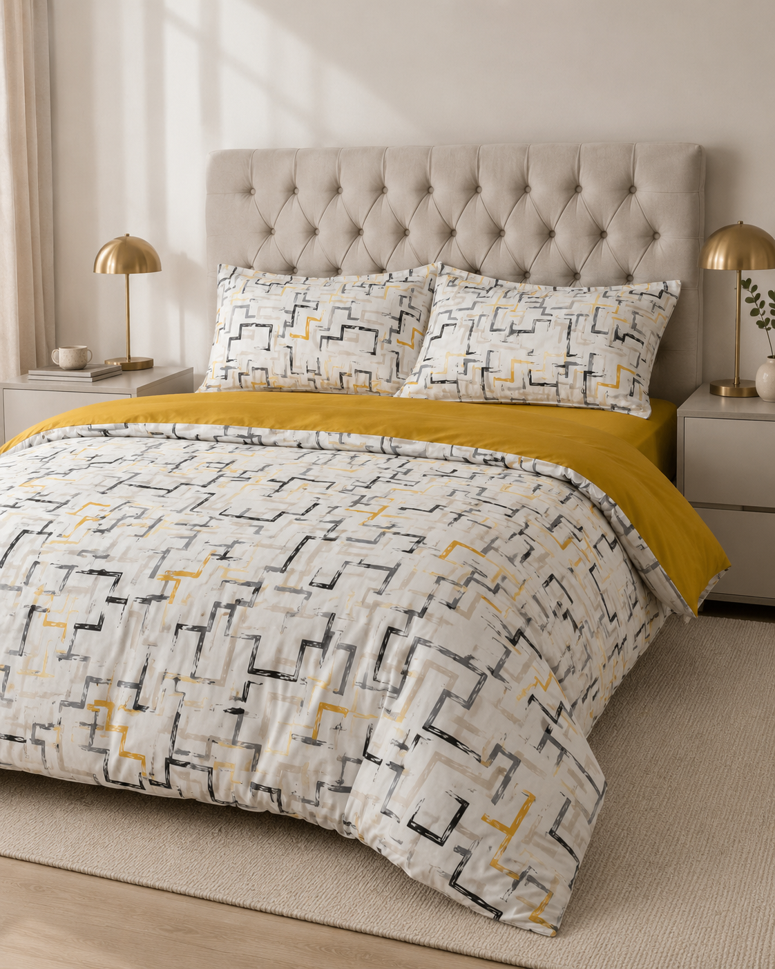 Ranforce Cotton Bedding Set – Mustard Geometry