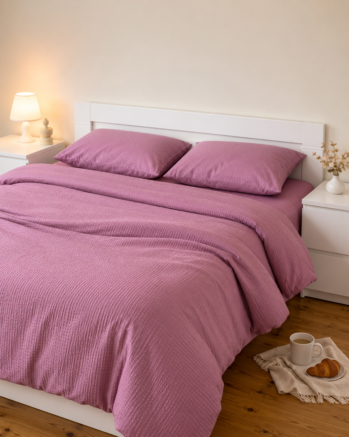 Seersucker Cotton Bedding Set — Soft Mauve