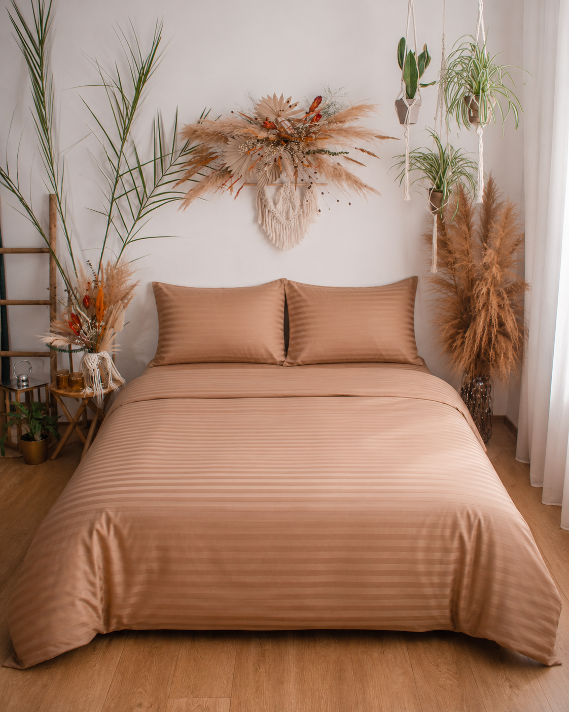 Striped Sateen Cotton Bedding Set – Warm Mocha