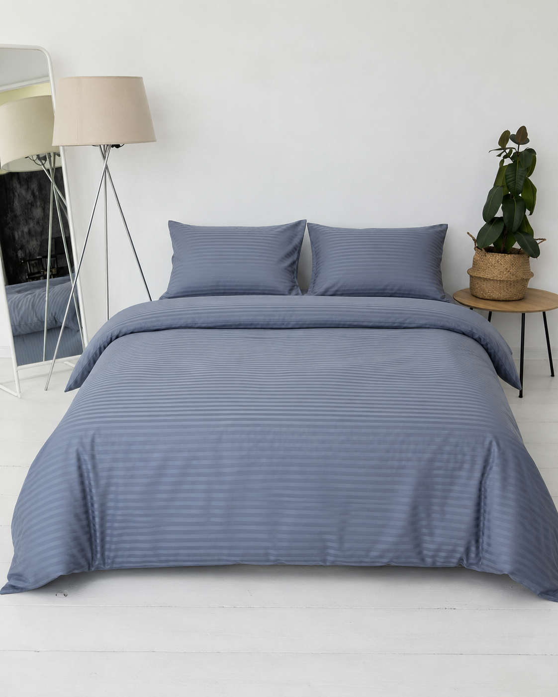 Striped Sateen Cotton Bedding Set – Steel Mist