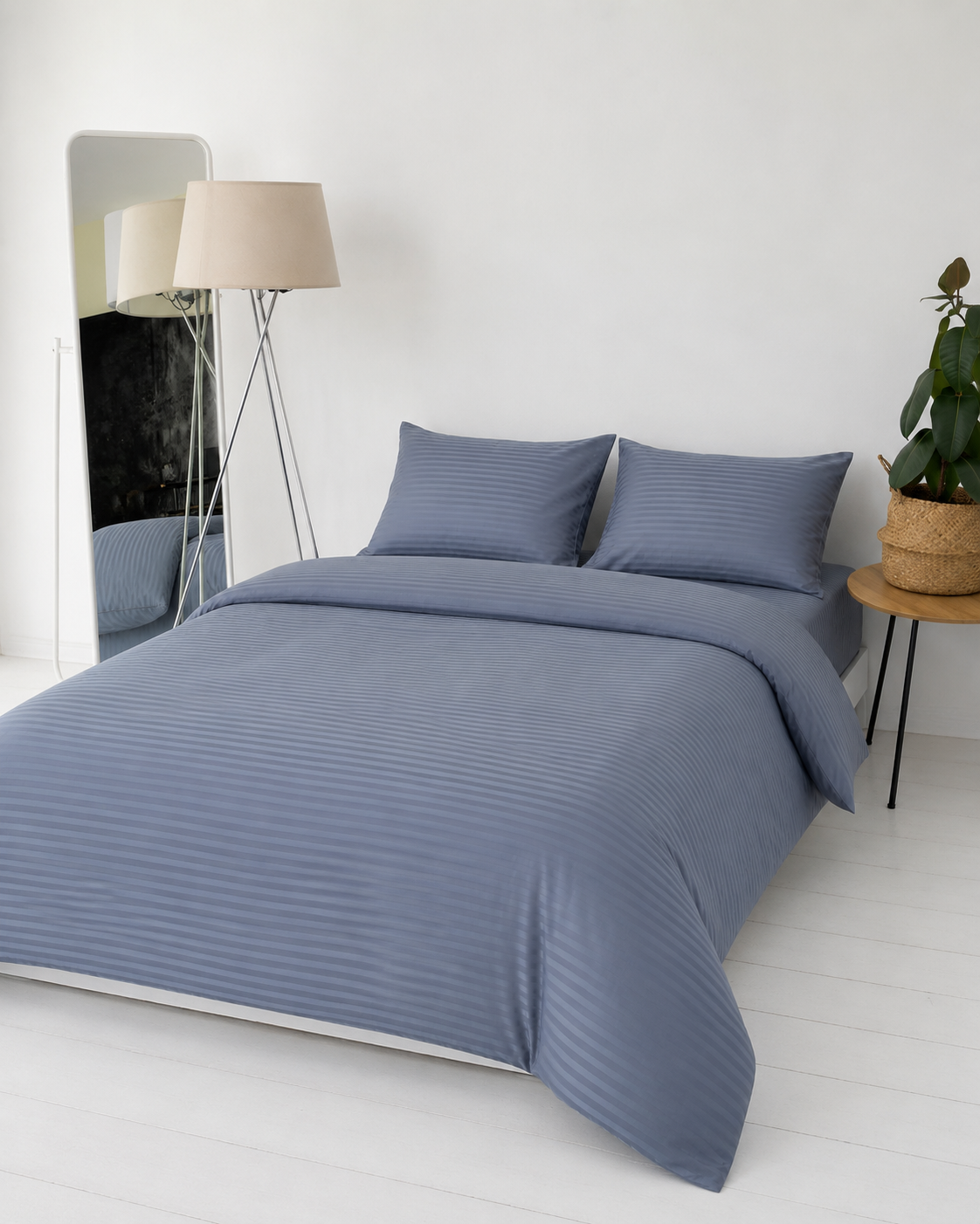 Striped Sateen Cotton Bedding Set – Steel Mist