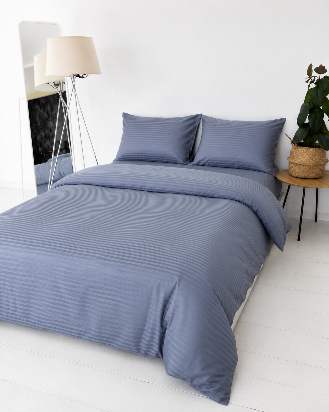 Striped Sateen Cotton Bedding Set – Steel Mist