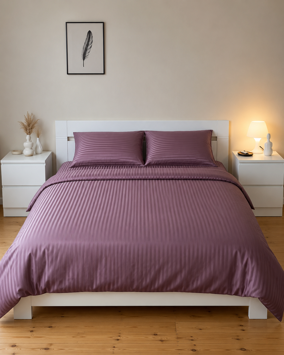 Striped Sateen Cotton Bedding Set – Plum Dusk