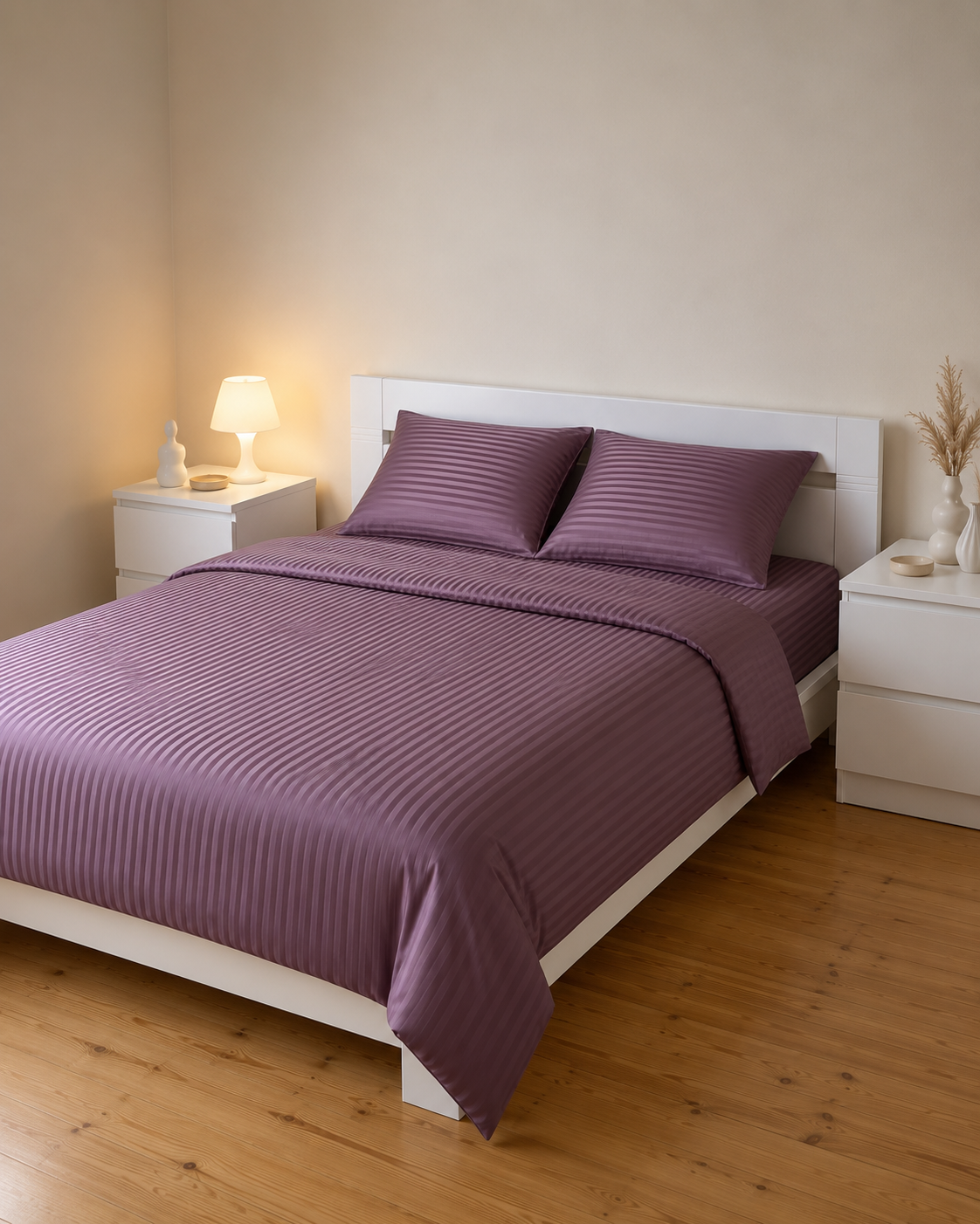 Striped Sateen Cotton Bedding Set – Plum Dusk