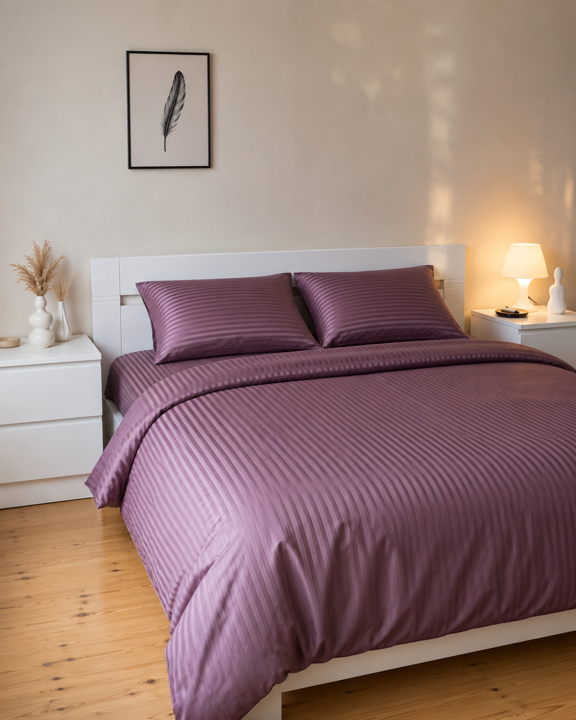 Striped Sateen Cotton Bedding Set – Plum Dusk