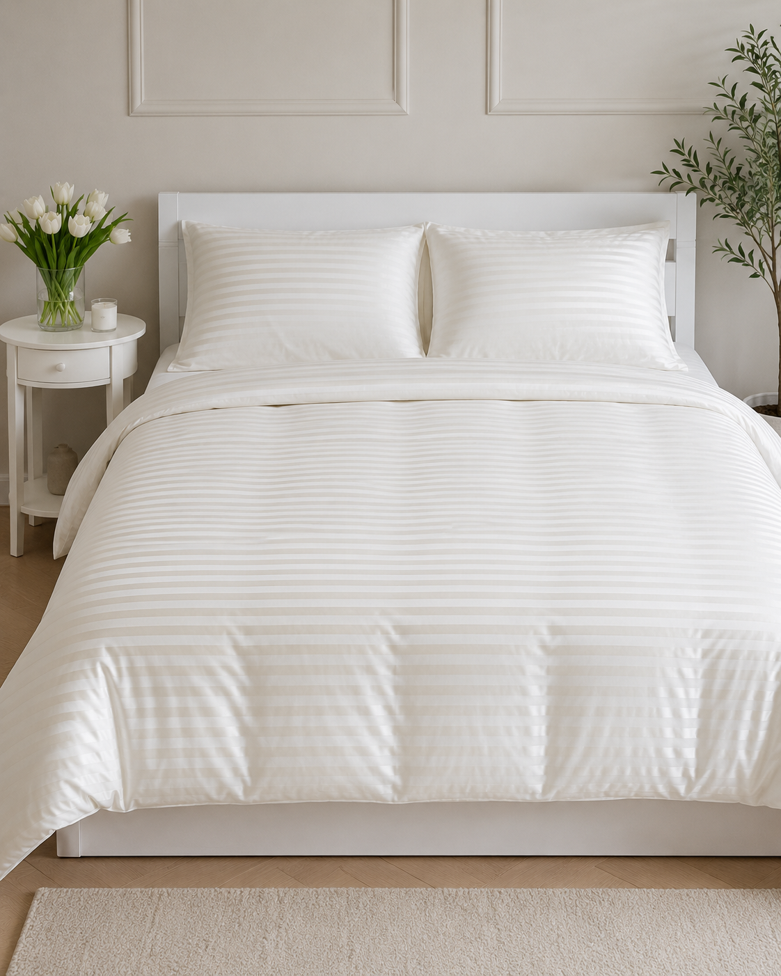 Striped Sateen Cotton Bedding Set – Ivory