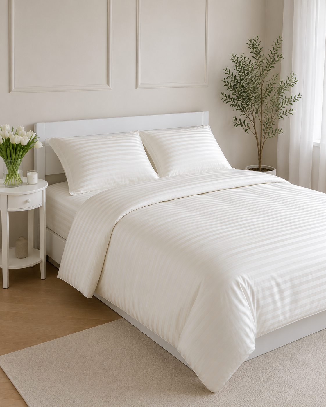 Striped Sateen Cotton Bedding Set – Ivory